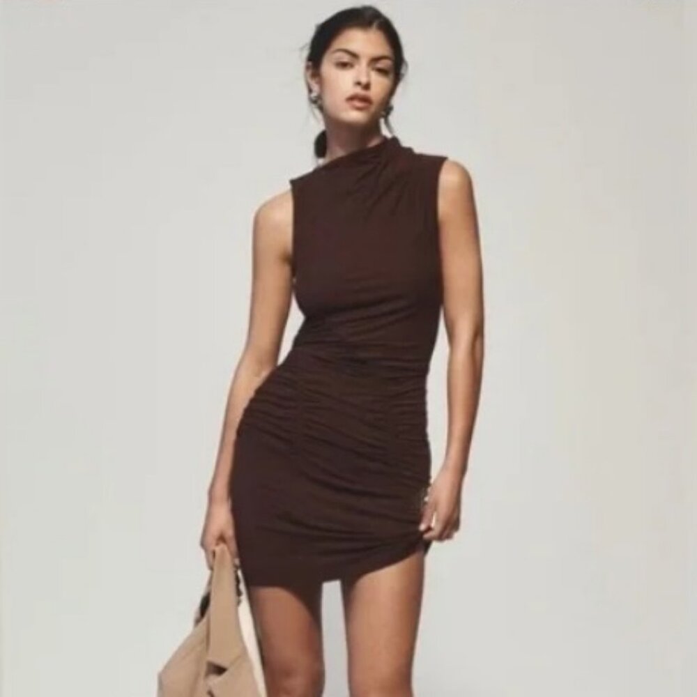 Anthropologie Ruched Mock-Neck Knit Dress Coca Brown Mini Dress NWT XXSP